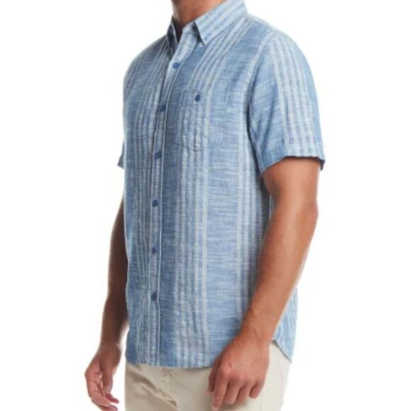 WEATHERPROOF VINTAGE Blue Stripe Linen Blend Shirt Mens L Woven Short Sleeve NWT - Picture 6 of 7